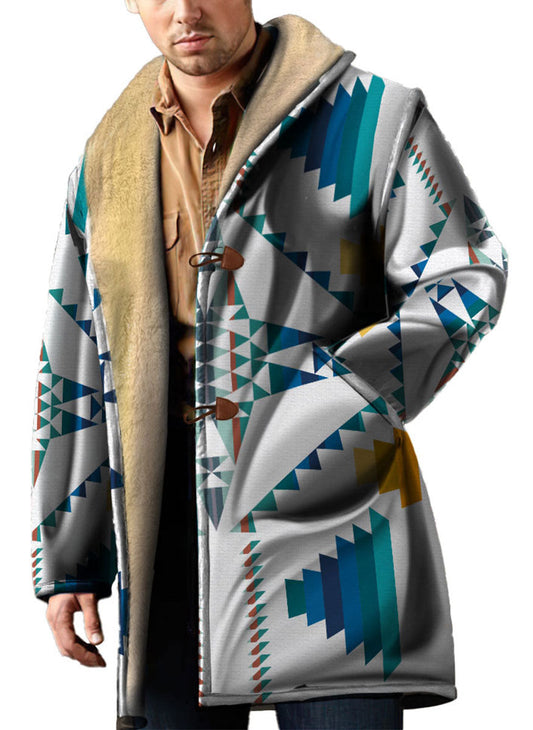 WelcomeNative Native American Horn Button Long Fleece Windbreaker, 3D Long Coat, All Over Print