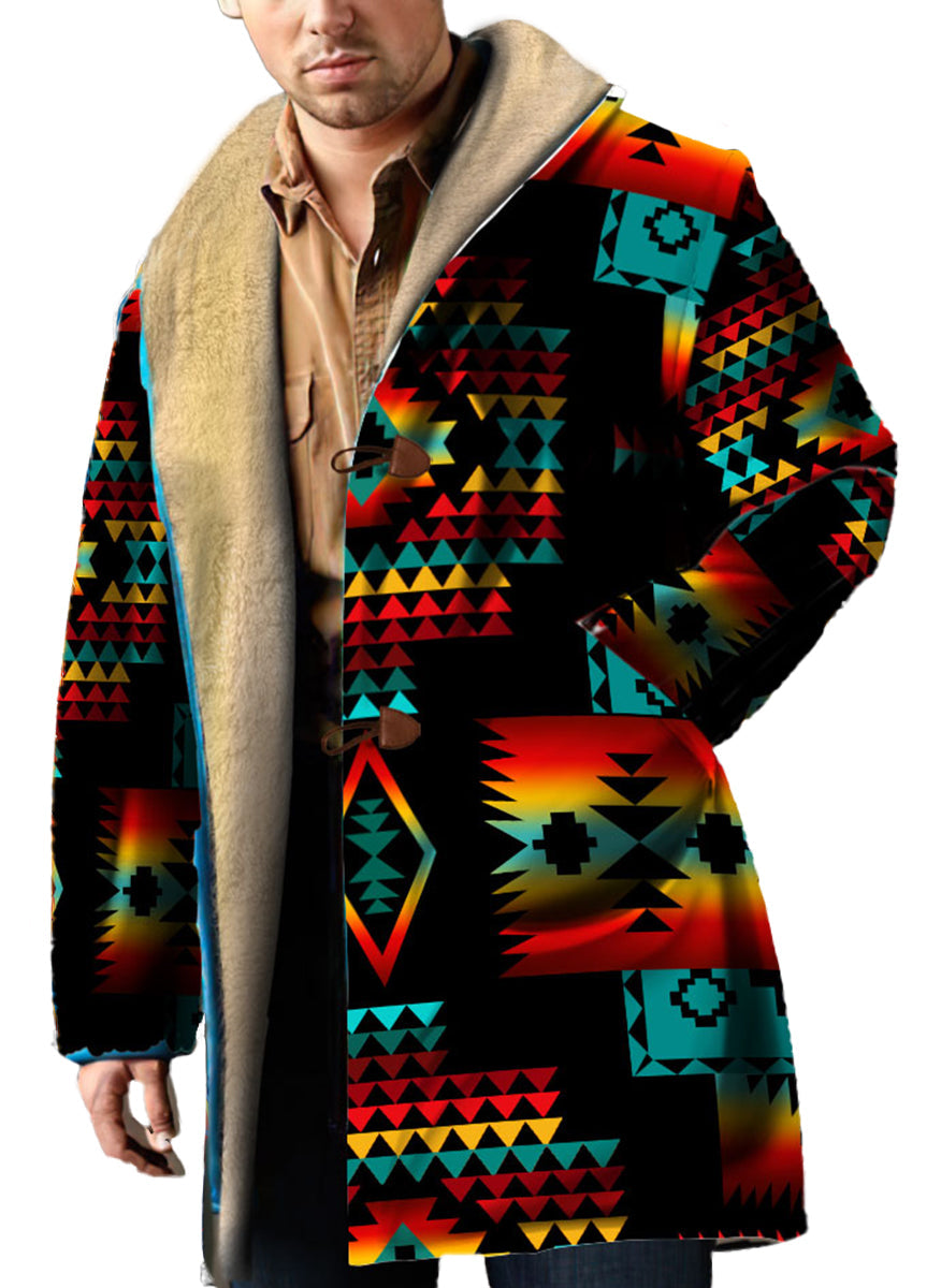 WelcomeNative Native American Horn Button Long Fleece Windbreaker, 3D Long Coat, All Over Print