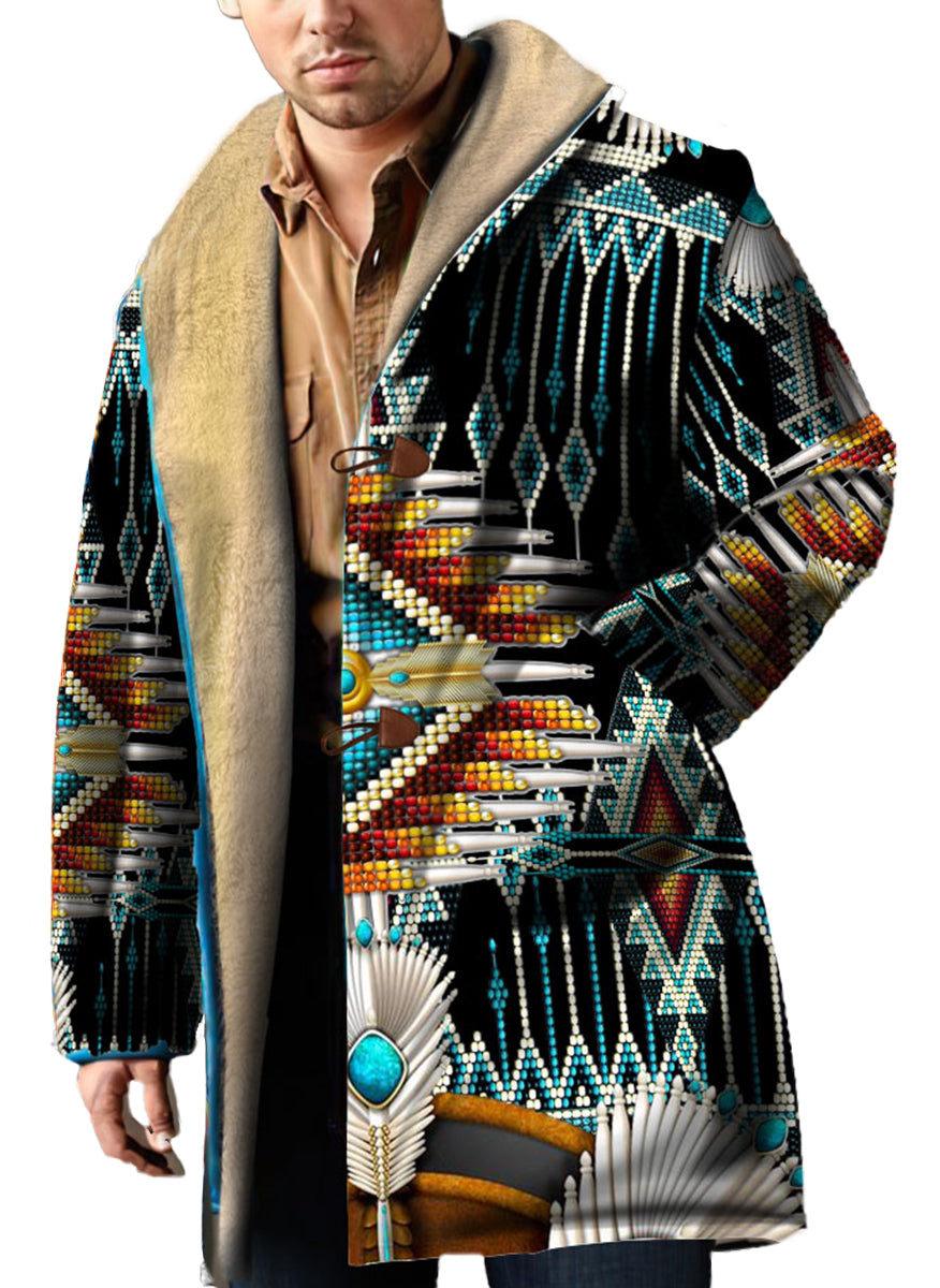 WelcomeNative Native American Horn Button Long Fleece Windbreaker, 3D Long Coat, All Over Print