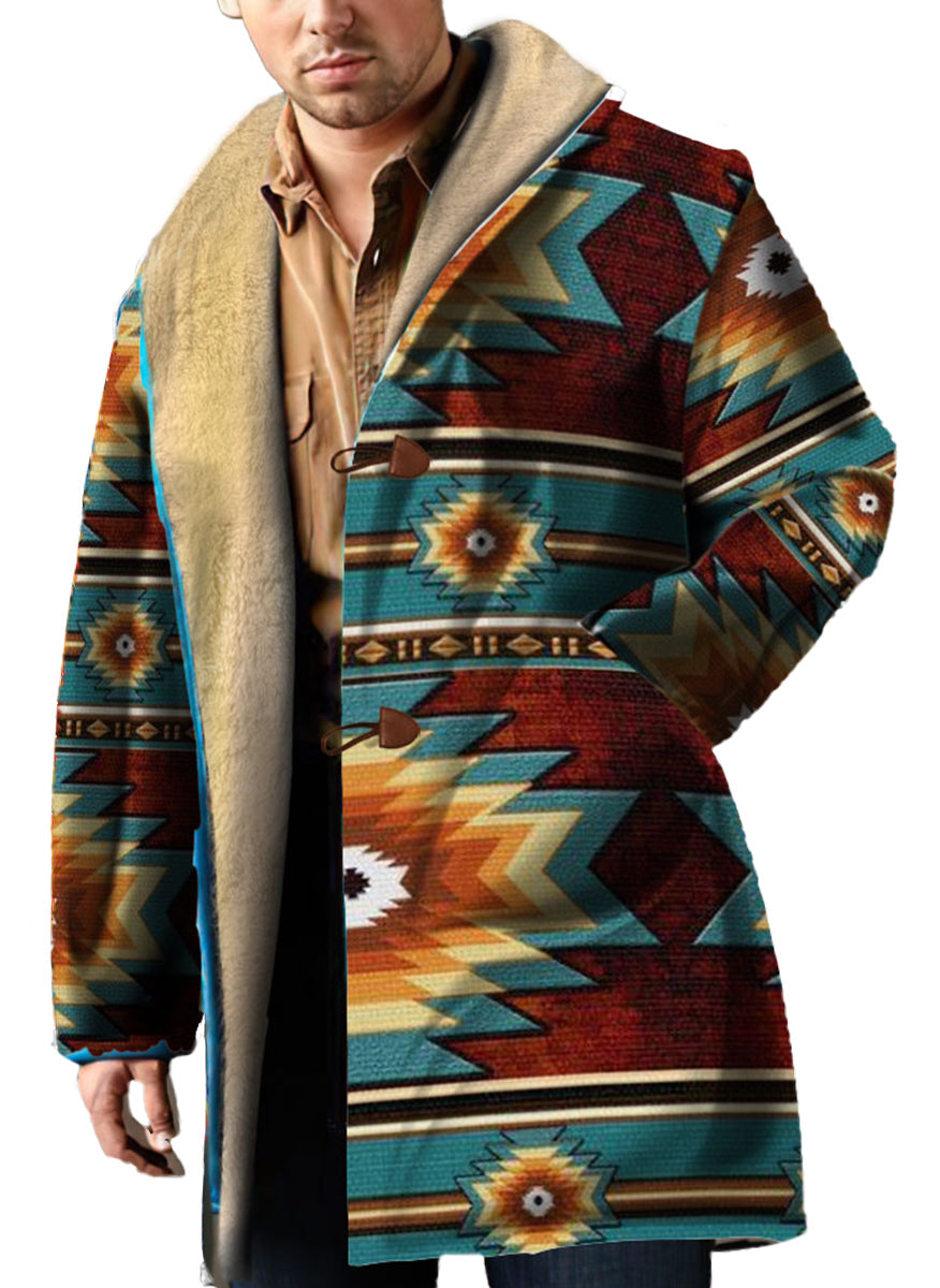 WelcomeNative Native American Horn Button Long Fleece Windbreaker, 3D Long Coat, All Over Print