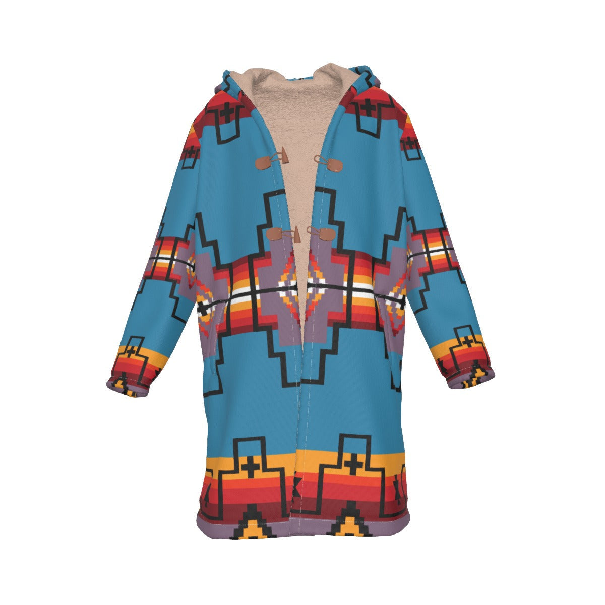 WelcomeNative Native American Horn Button Long Fleece Windbreaker, 3D Long Coat, All Over Print