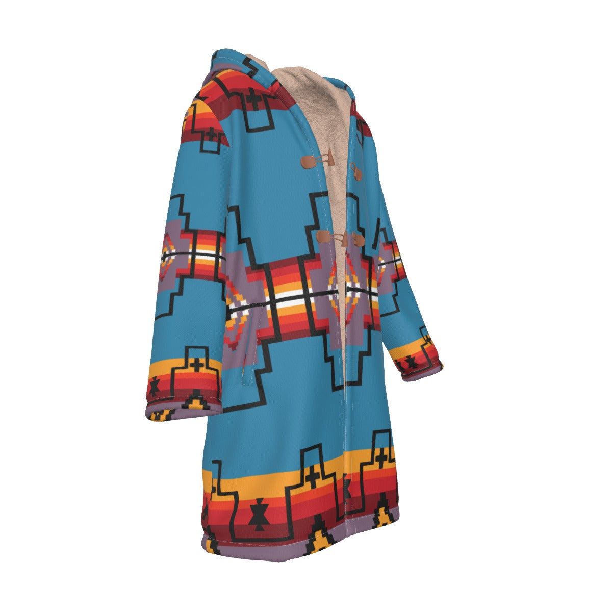 WelcomeNative Native American Horn Button Long Fleece Windbreaker, 3D Long Coat, All Over Print