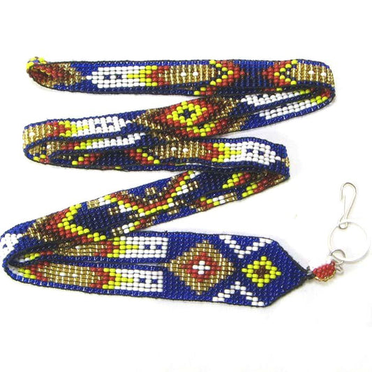 Blue Golden Red Beaded Feather Beadwork Lanyard Id Holder - Welcome Native