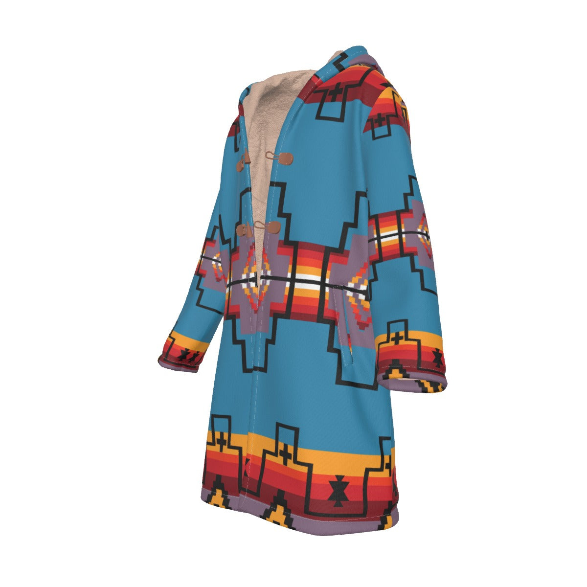 WelcomeNative Native American Horn Button Long Fleece Windbreaker, 3D Long Coat, All Over Print