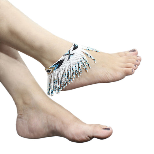 Handmade beaded White Black Native style Fringe Anklet - Beaded Anklets - Welcome Native