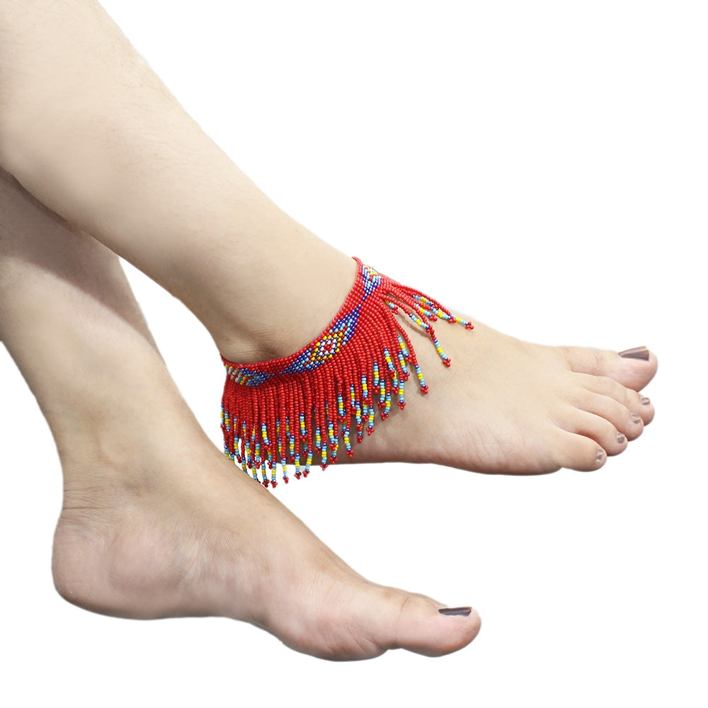 Handmade beaded Red Blue Native style Fringe Anklet - Beaded Anklets - Welcome Native