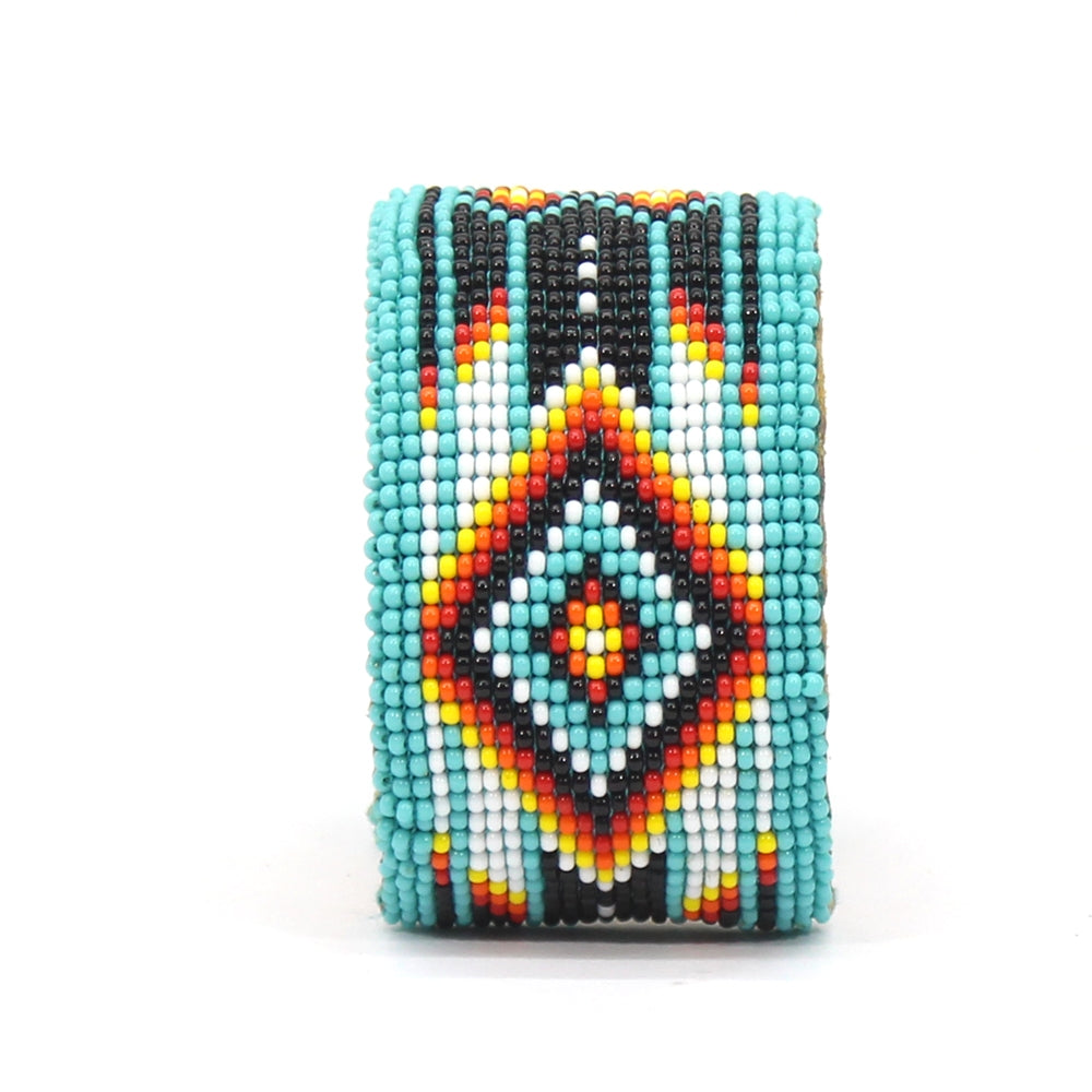 Turquoise Blue Seed Bead Bracelet Hard Cuff Leather Wide B53/6- Beaded Bracelets - Welcome Native