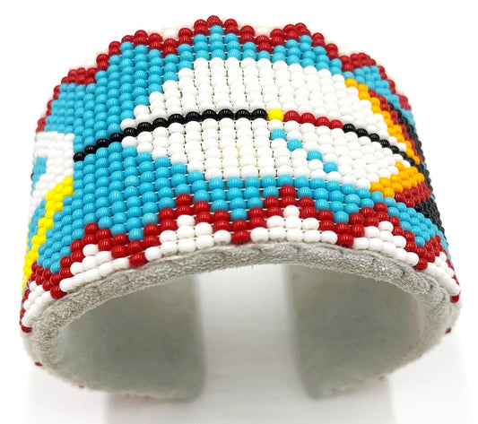 Handmade beaded Turquoise Blue White Feather Cuff Bracelet   - Beaded Bracelets - Welcome Native