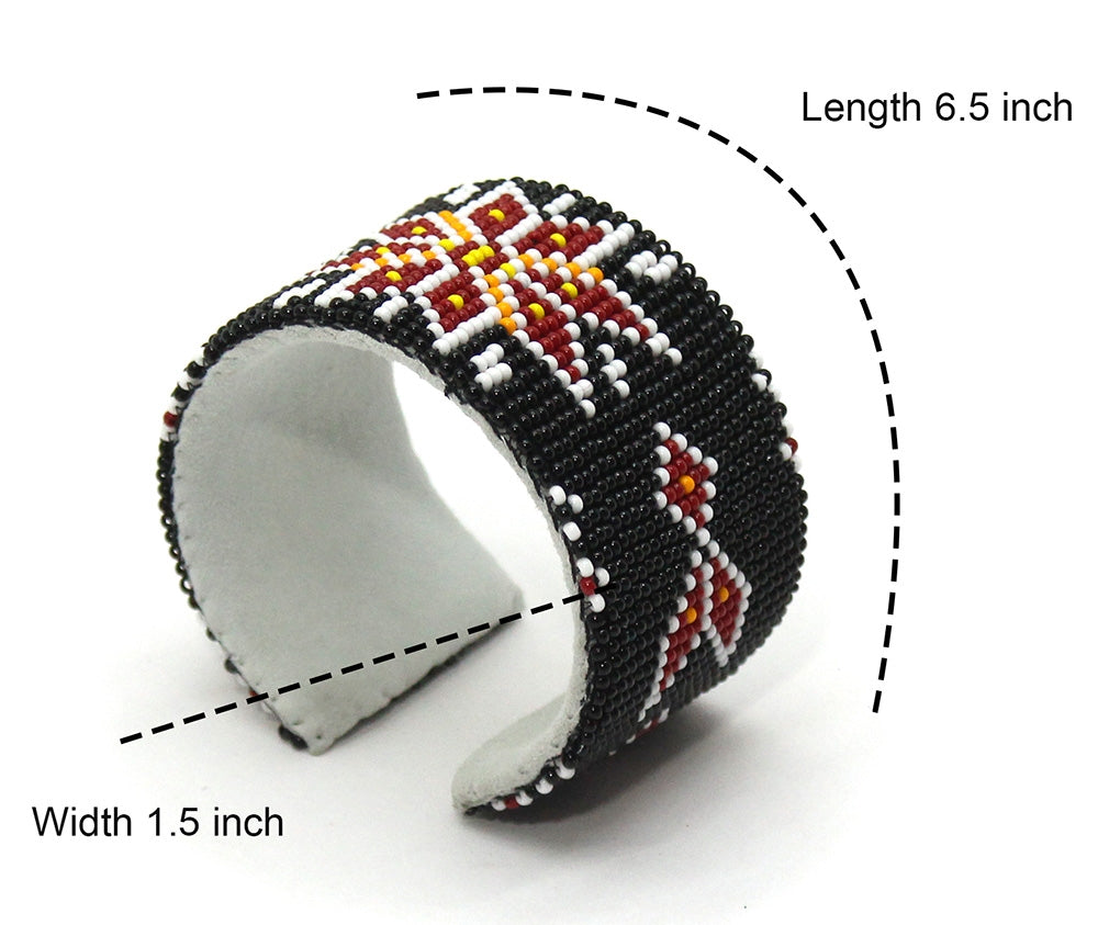Black Red White handmade beaded Flower Cuff Bracelet - Beaded Bracelets - Welcome Native