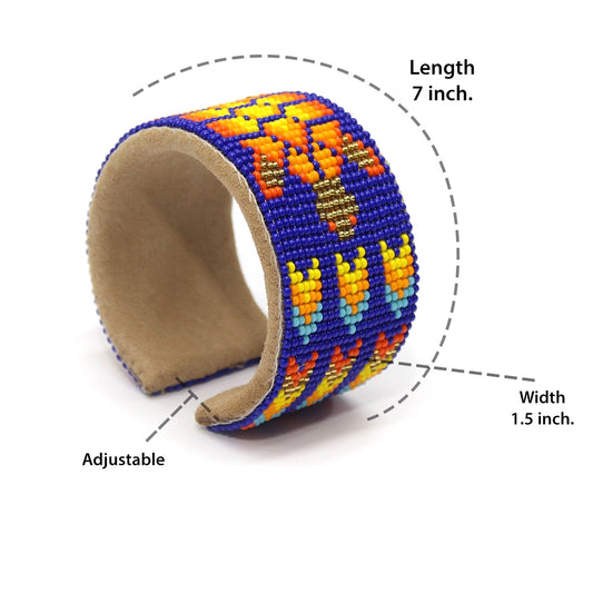 Blue Orange Turtle Seed Bead Bracelet Hard Cuff Wide Leather - Beaded Bracelets - Welcome Native