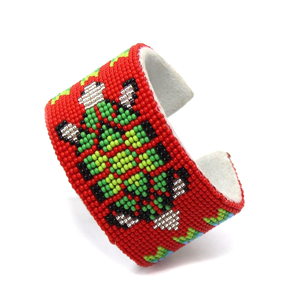 Handmade beaded Red Green Turtle Leather Hard Cuff bracelet - Beaded Bracelets - Welcome Native