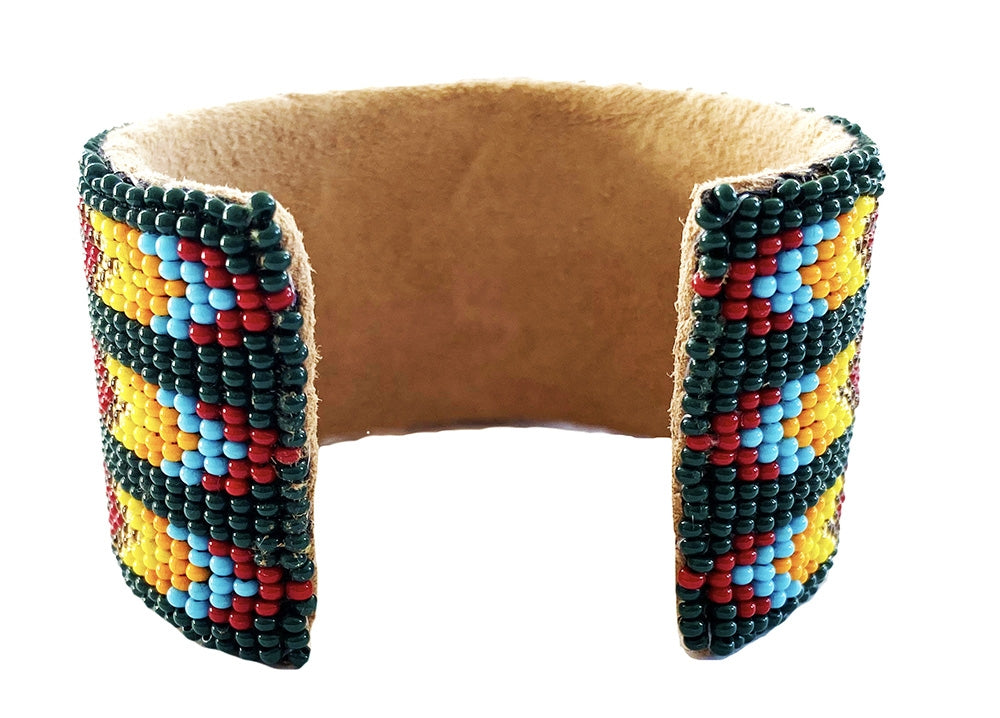 Handmade beaded Hunter Green Red Bear Paw Leather Cuff Bracelet - Beaded Bracelets - Welcome Native