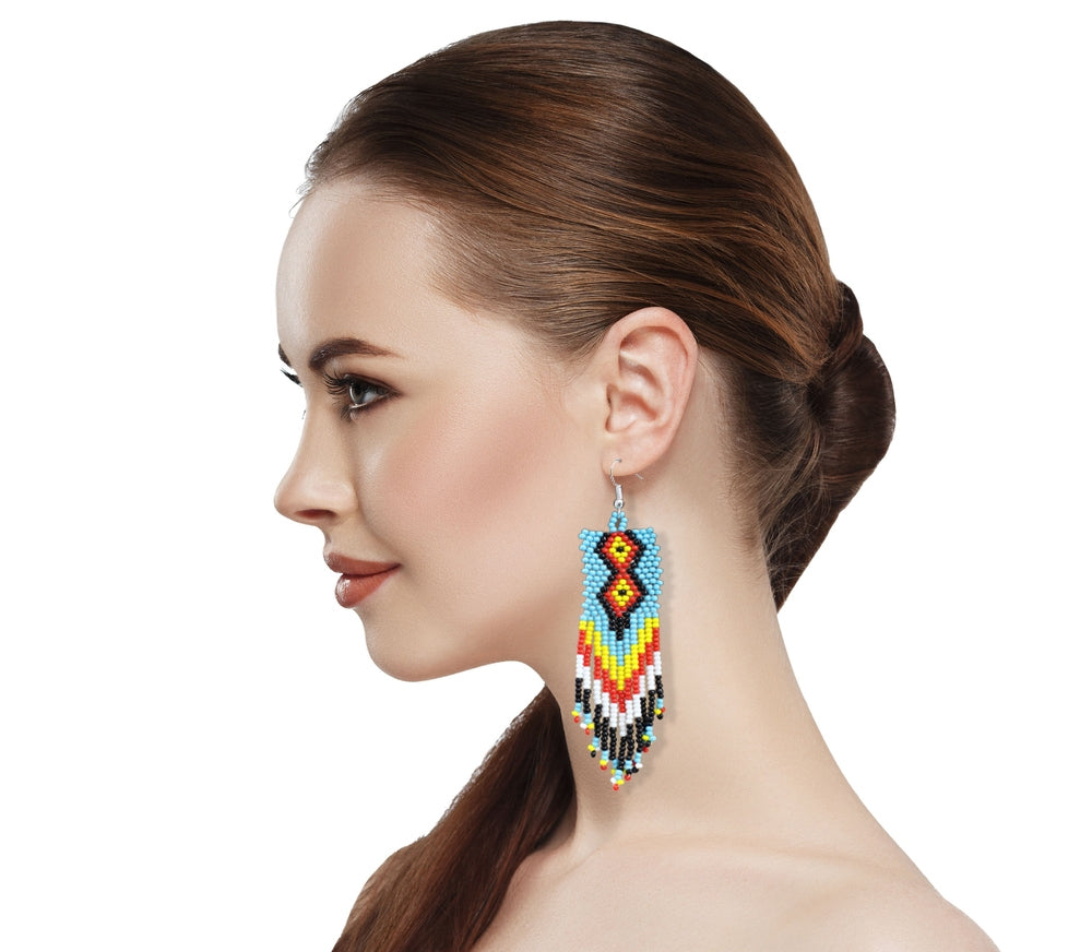 WelcomeNative Blue Yellow Red Multicolor Beaded Handmade Earrings.