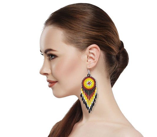 WelcomeNative Handmade Black Medallion Seed Bead Earrings