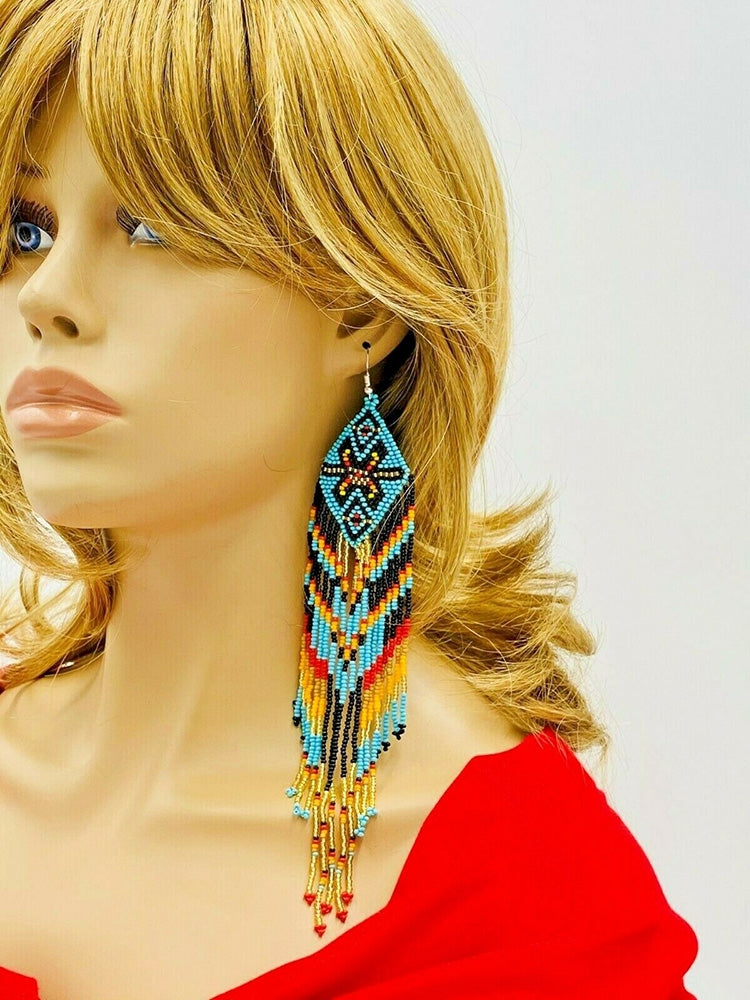 WelcomeNative Handmade Beaded Extra Long Turquoise Blue Black Native Style Hook Earrings