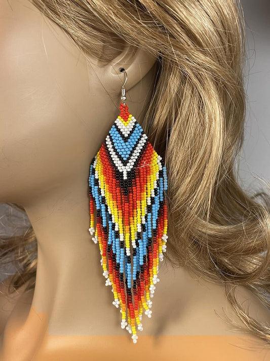 WelcomeNative Handmade Beaded Native Style Big Sun Colors Hook Earrings