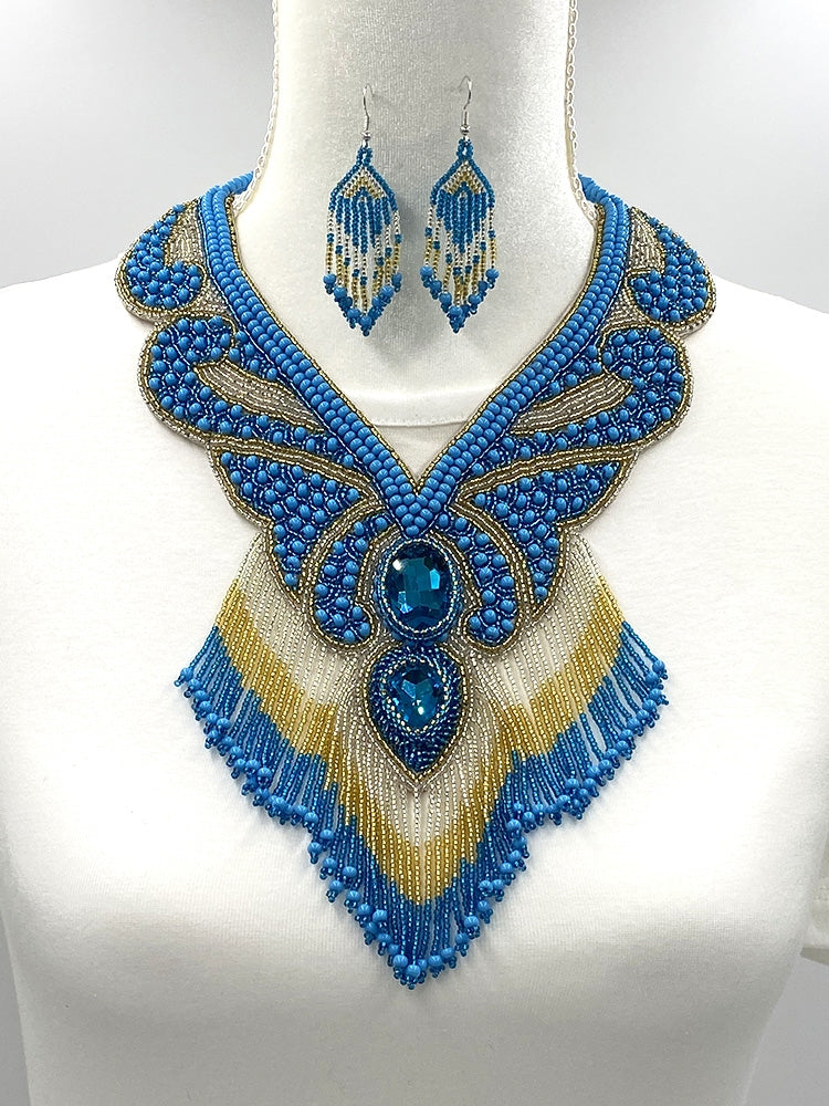 Handmade Beaded Turquoise Blue Gold Native style Bib Necklace Earring set - Welcome Native