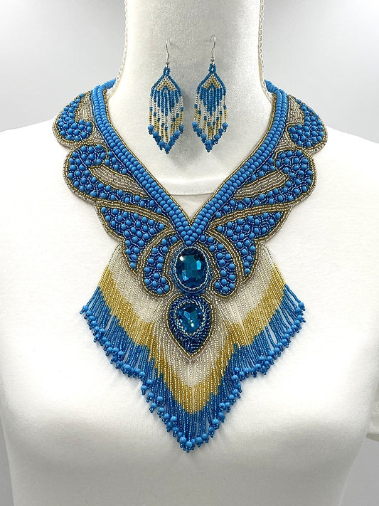 Handmade Beaded Turquoise Blue Gold Native style Bib Necklace Earring set - Welcome Native