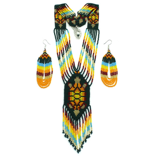 WelcomeNative Handmade Beaded Turtle Deep Green, Orange Necklace Earrings set
