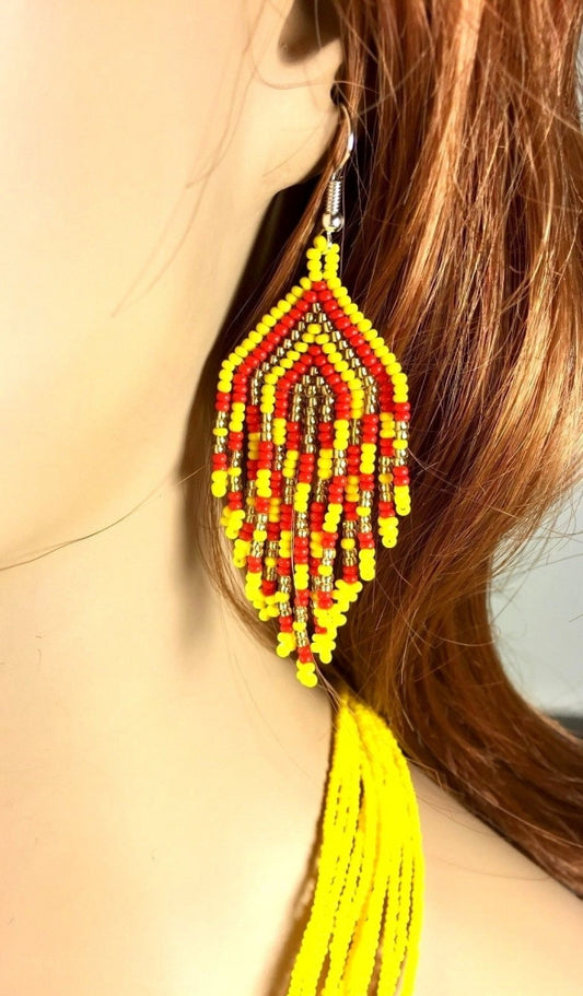 Handmade beaded Yellow Red layered Native style Necklace earrings set  - Welcome Native