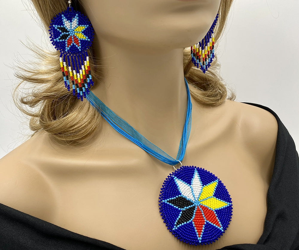 Handmade beaded Red Blue Medallion 4 Directions Necklace Earrings Set - Welcome Native