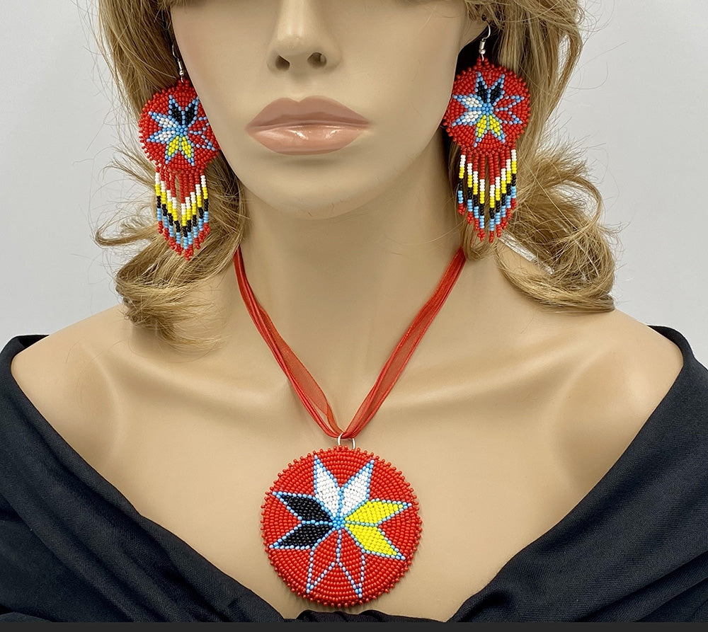 Handmade beaded Red Blue Medallion 4 Directions Necklace Earrings Set - Welcome Native