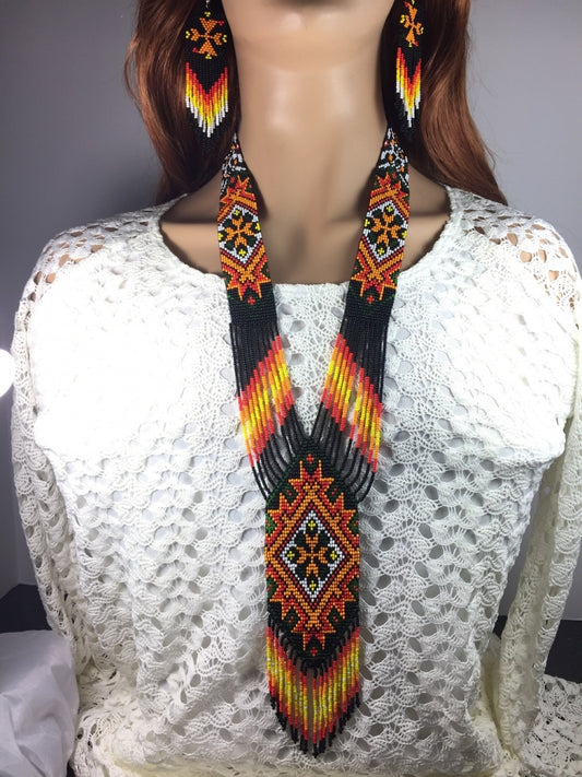 Handmade Beaded Black Multi-color Long Necklace Earring Set - Welcome Native
