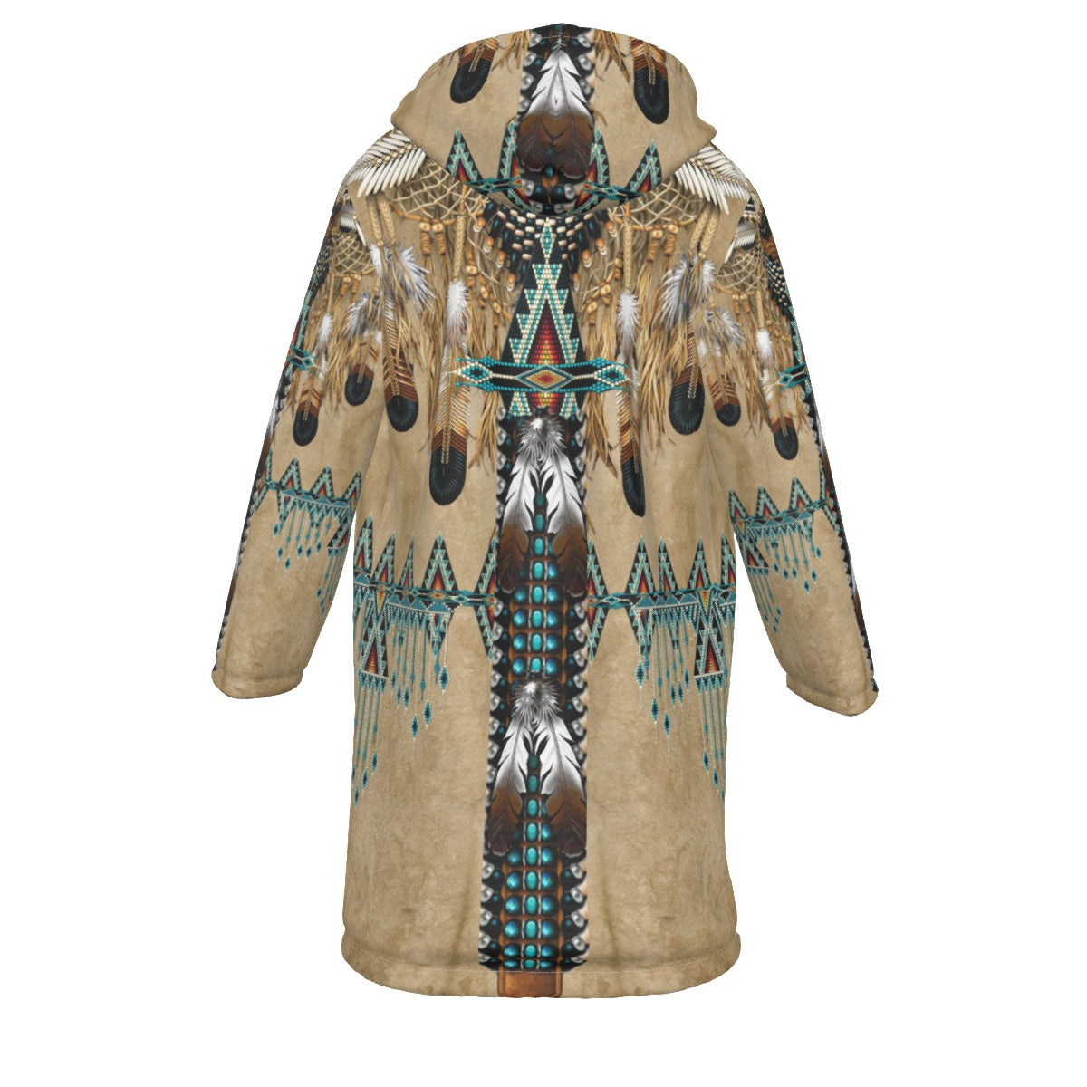 WelcomeNative Native American Horn Button Long Fleece Windbreaker, 3D Long Coat, All Over Print