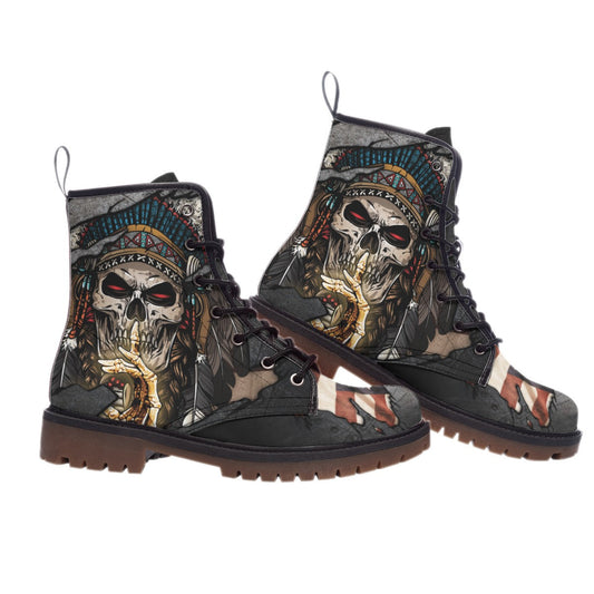 WelcomeNative Skull Flag American Native Leather Martin Short Boots