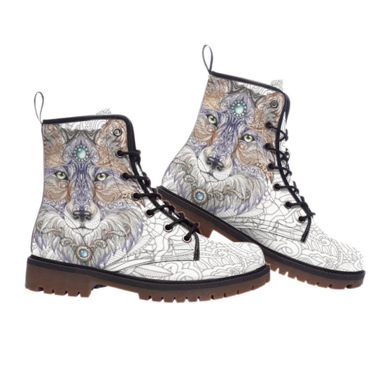 WelcomeNative Wolf Feather Leather Martin Short Boots