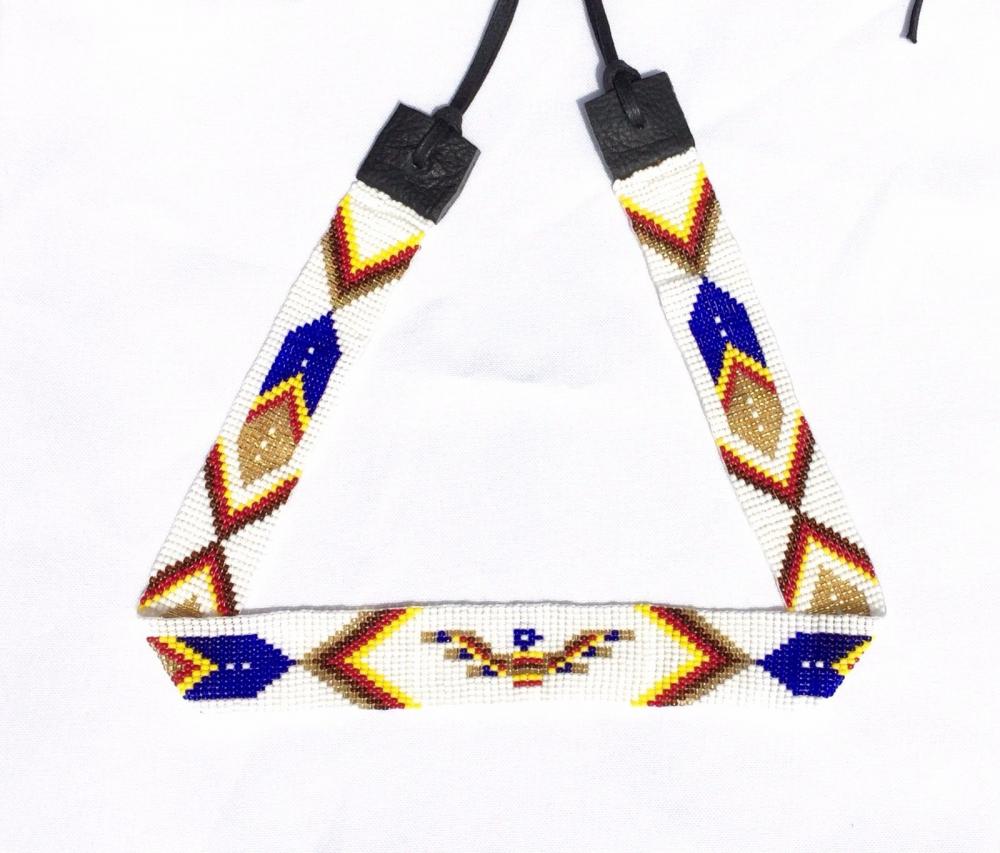 Handmade White Blue Beaded Thunderbird Cowboy Hatband - Welcome Native