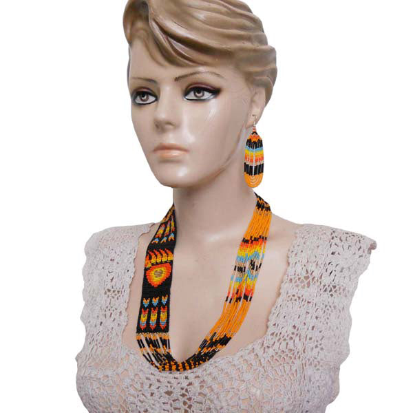 Black Fire Seed Beaded Necklace Earrings Bear Paw Beadwork - Welcome Native