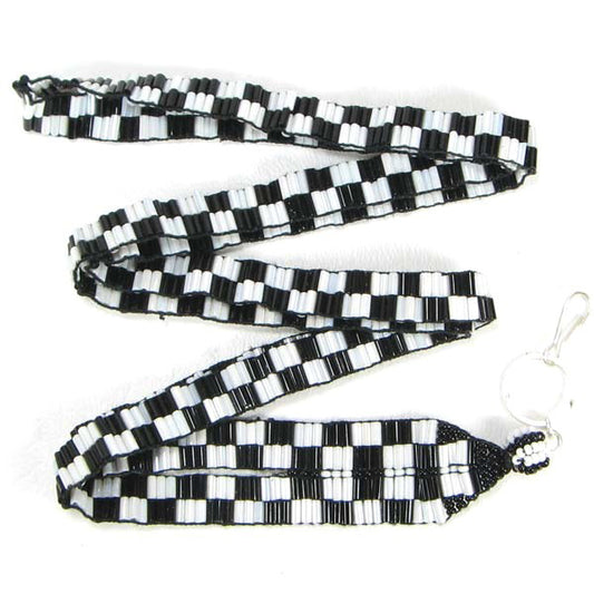 Black Milky White Bugle Seed Beaded Lanyard Id Holder Handmade - Welcome Native