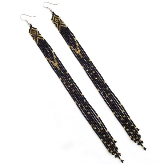 Black Golden Glass Seed Beads Beaded Extra Long Earrings 6 Inch- Welcome Native
