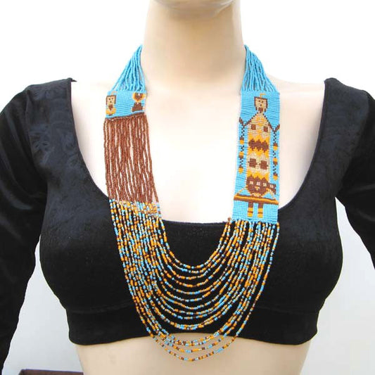 Blue Brown Seed Beaded Layered Necklace Yei Dancer Beadwork - Welcome Native