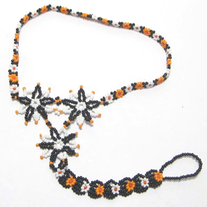 Black Orange White Flower Beadwork Beaded Barefoot Anklet A15/1 - Beaded Anklets - Welcome Native