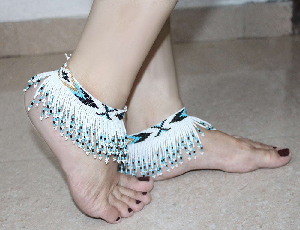 Handmade beaded White Black Native style Fringe Anklet - Beaded Anklets - Welcome Native