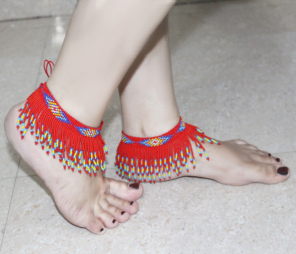 Handmade beaded Red Blue Native style Fringe Anklet - Beaded Anklets - Welcome Native