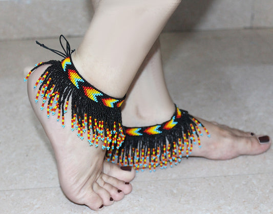 Handmade beaded Black Native style Fringe Anklet - Welcome Native