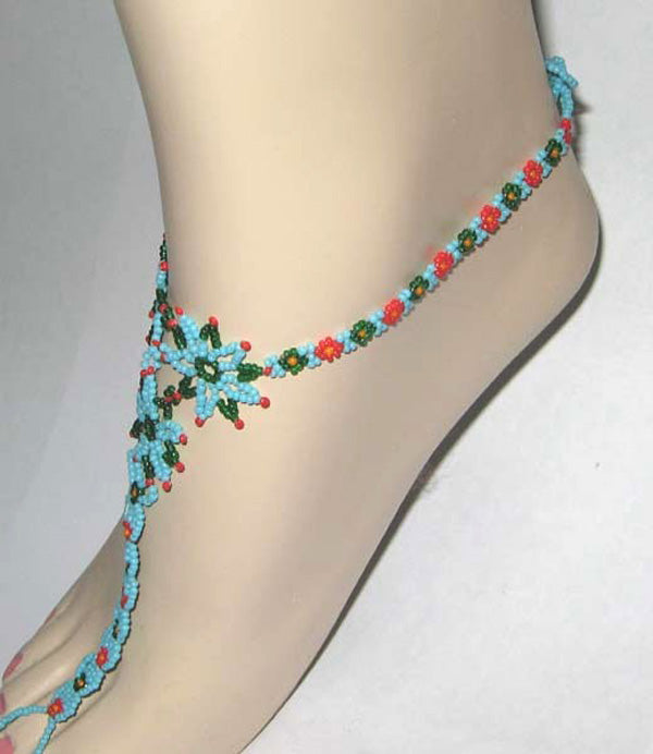 Green Seed Beads Beaded Barefoot Anklet Flower Beadwork A6/4- Beaded Anklets - Welcome Native