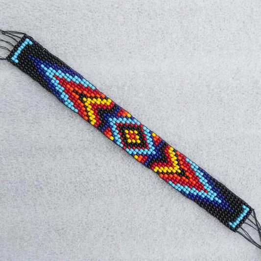 Multi Color Seed Bead Bracelet Hard Cuff Leather Narrow B53/11 - Beaded Bracelets - Welcome Native