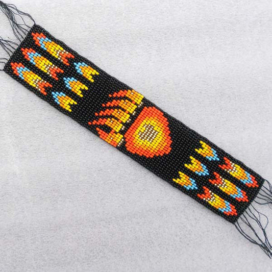 Black Fire Bear Paw Seed Bead Bracelet Hard Cuff Leather Wide- Beaded Bracelets - Welcome Native