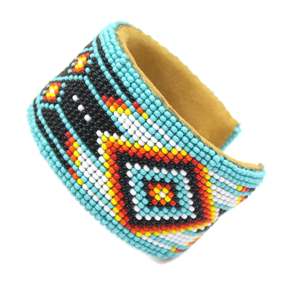 Turquoise Blue Seed Bead Bracelet Hard Cuff Leather Wide B53/6- Beaded Bracelets - Welcome Native