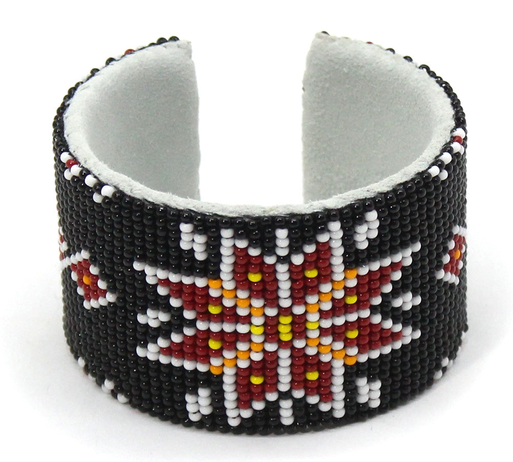 Black Red White handmade beaded Flower Cuff Bracelet - Beaded Bracelets - Welcome Native