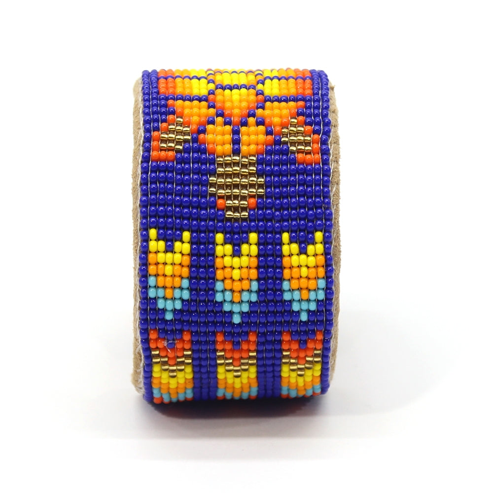 Blue Orange Turtle Seed Bead Bracelet Hard Cuff Wide Leather - Beaded Bracelets - Welcome Native
