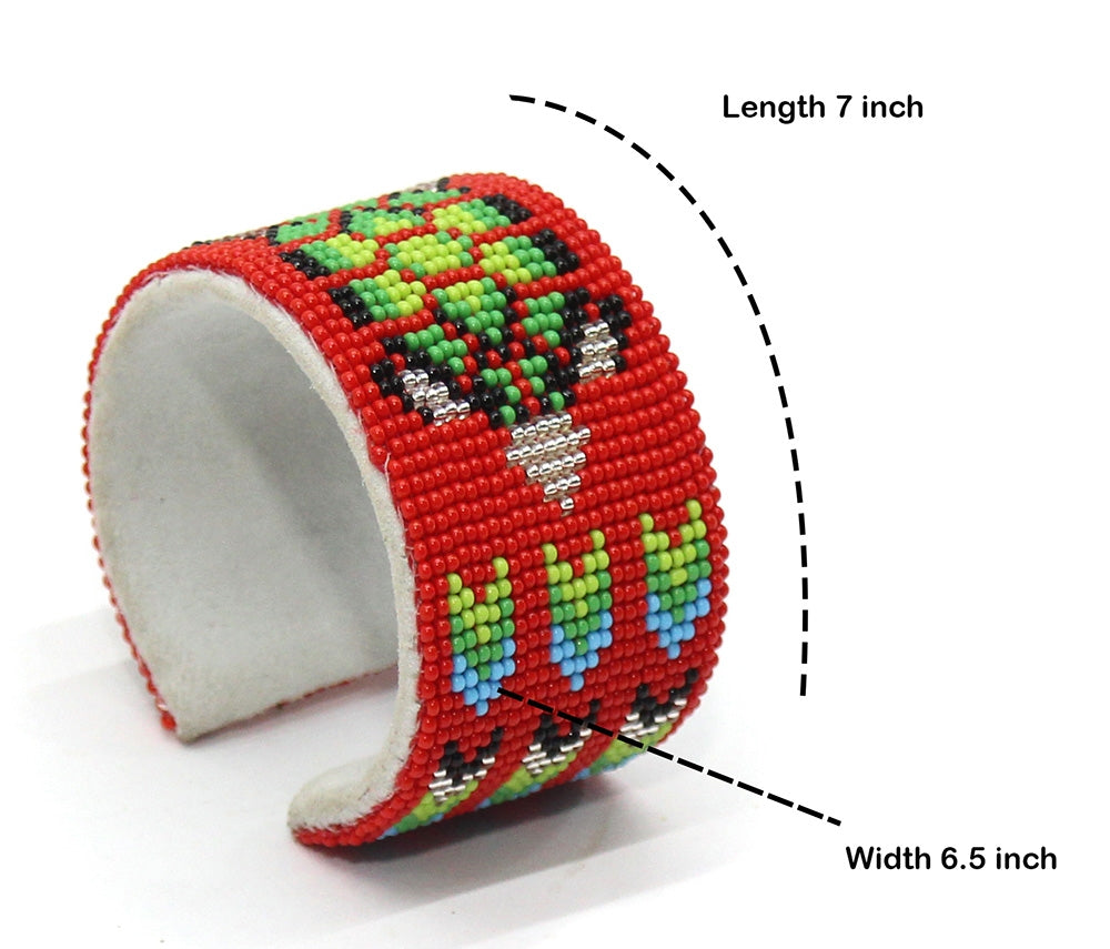 Handmade beaded Red Green Turtle Leather Hard Cuff bracelet - Beaded Bracelets - Welcome Native
