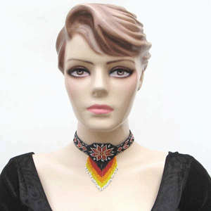 WelcomeNative Black Brown Fire Pattern Star Seed Beaded Bib Necklace