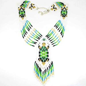 WelcomeNative Handmade Beaded Turtle Deep Green, Orange Necklace Earrings set