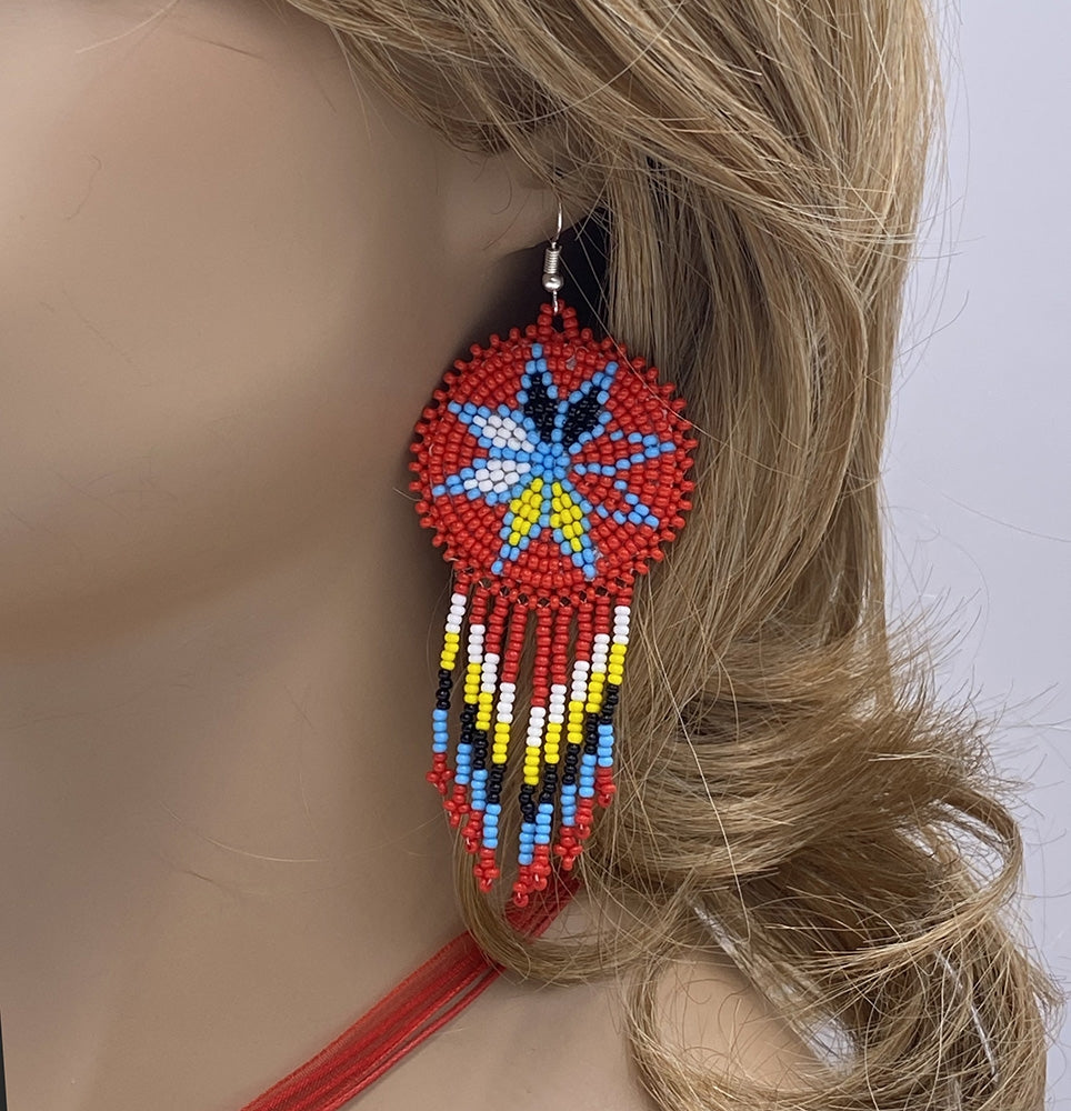 Handmade beaded Red Blue Medallion 4 Directions Necklace Earrings Set - Welcome Native