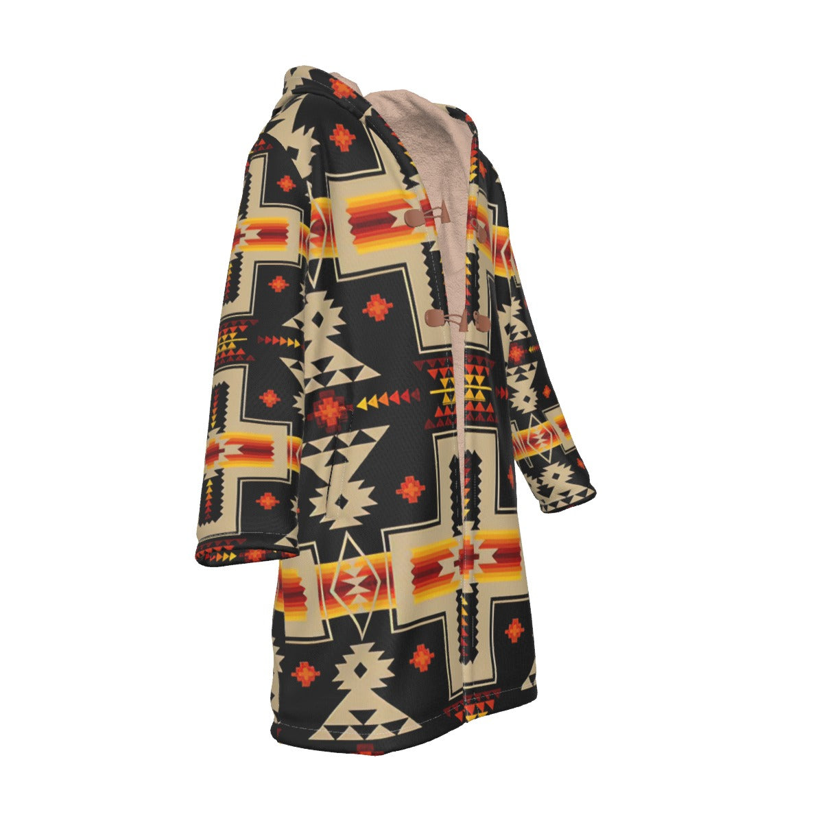 WelcomeNative Native American Horn Button Long Fleece Windbreaker, 3D Long Coat, All Over Print